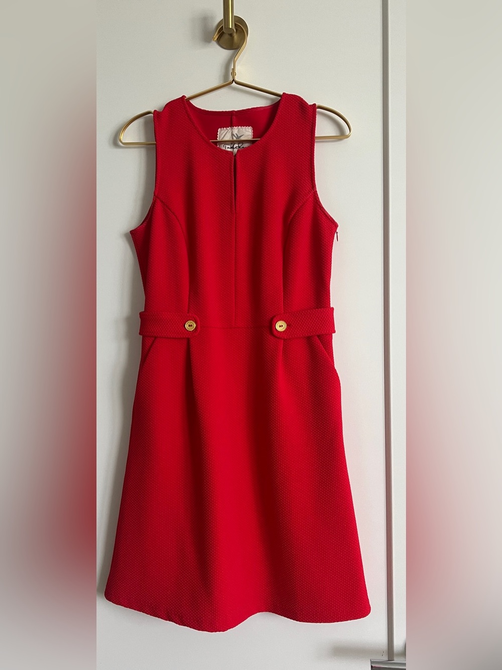 Anthropologie Tabitha Red Orange Textured Knit Fit Flare Dress Gold Button Sz 6 - Picture 5 of 14